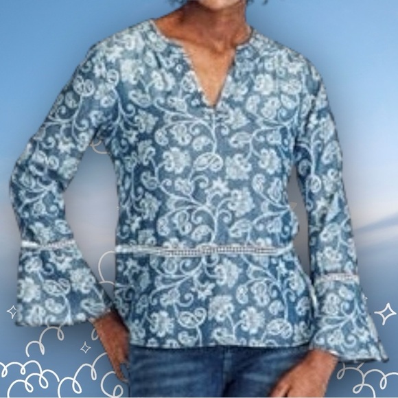 Fourteenth Place Tops - Fourteenth Place Denim Blue & White Paisley Lyocell Bohemian Print Top Size M